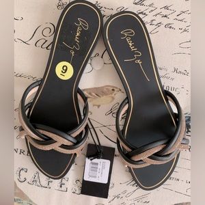 NWT Rachel Zoe Flat Slides: Black/Golden Braided Golden Heels Size 9